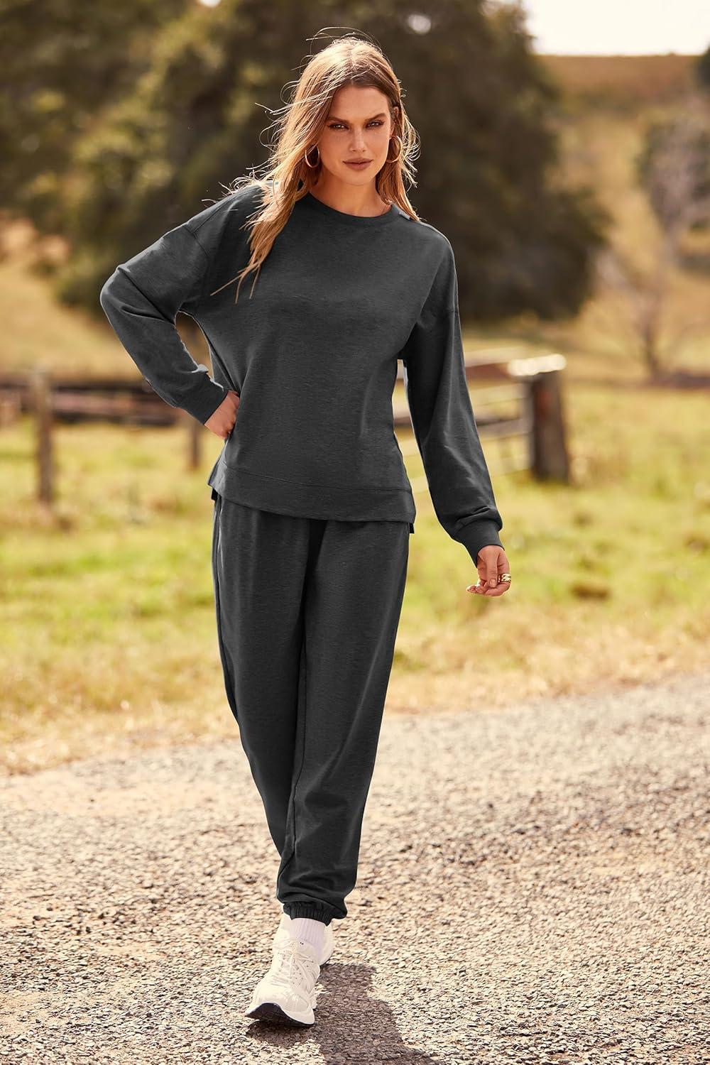 imagePRETTYGARDEN Womens Two Piece Loungewear Fall Casual Long Sleeve Tops Jogger Pants Pajama Sets Matching Outfits ClothingSolid Dark Grey