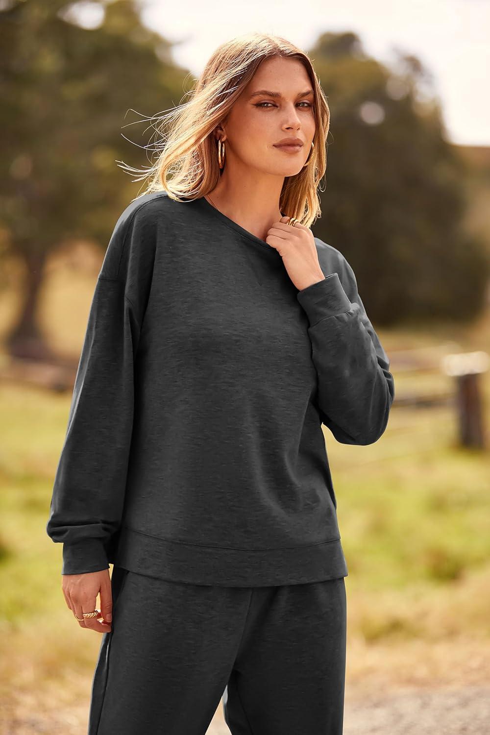 imagePRETTYGARDEN Womens Two Piece Loungewear Fall Casual Long Sleeve Tops Jogger Pants Pajama Sets Matching Outfits ClothingSolid Dark Grey