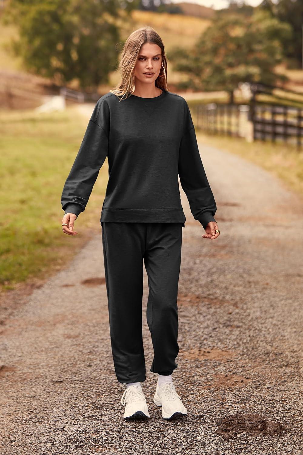 imagePRETTYGARDEN Womens Two Piece Loungewear Fall Casual Long Sleeve Tops Jogger Pants Pajama Sets Matching Outfits ClothingSolid Dark Grey