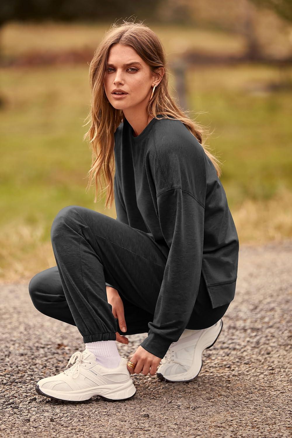 imagePRETTYGARDEN Womens Two Piece Loungewear Fall Casual Long Sleeve Tops Jogger Pants Pajama Sets Matching Outfits ClothingSolid Dark Grey