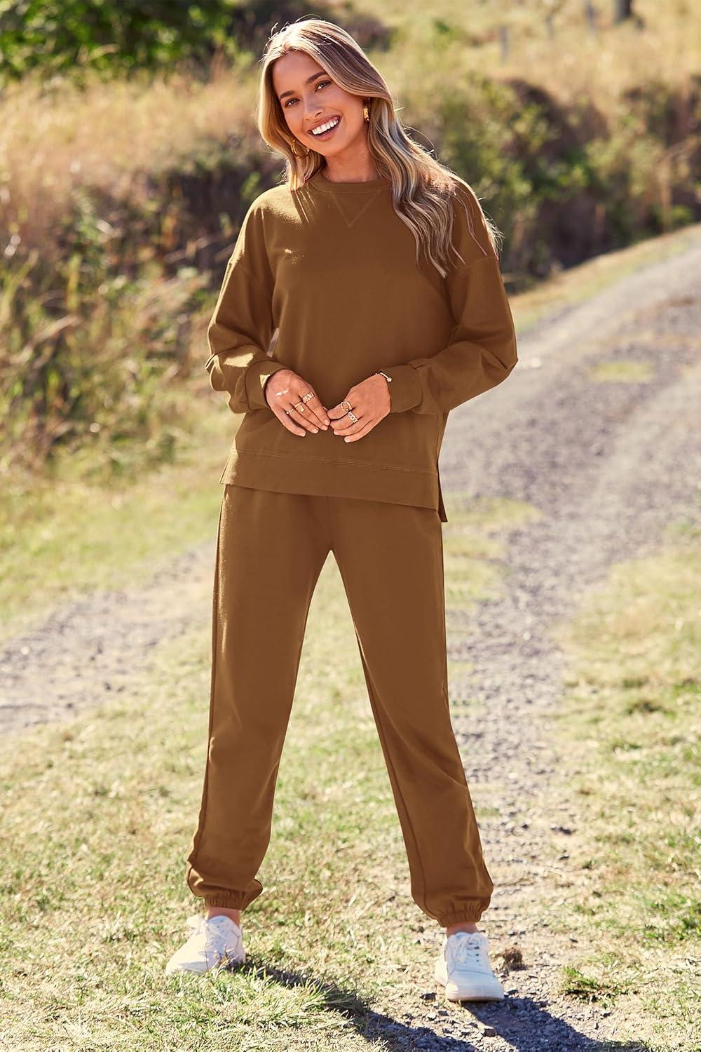 imagePRETTYGARDEN Womens Two Piece Loungewear Fall Casual Long Sleeve Tops Jogger Pants Pajama Sets Matching Outfits ClothingSolid Khaki