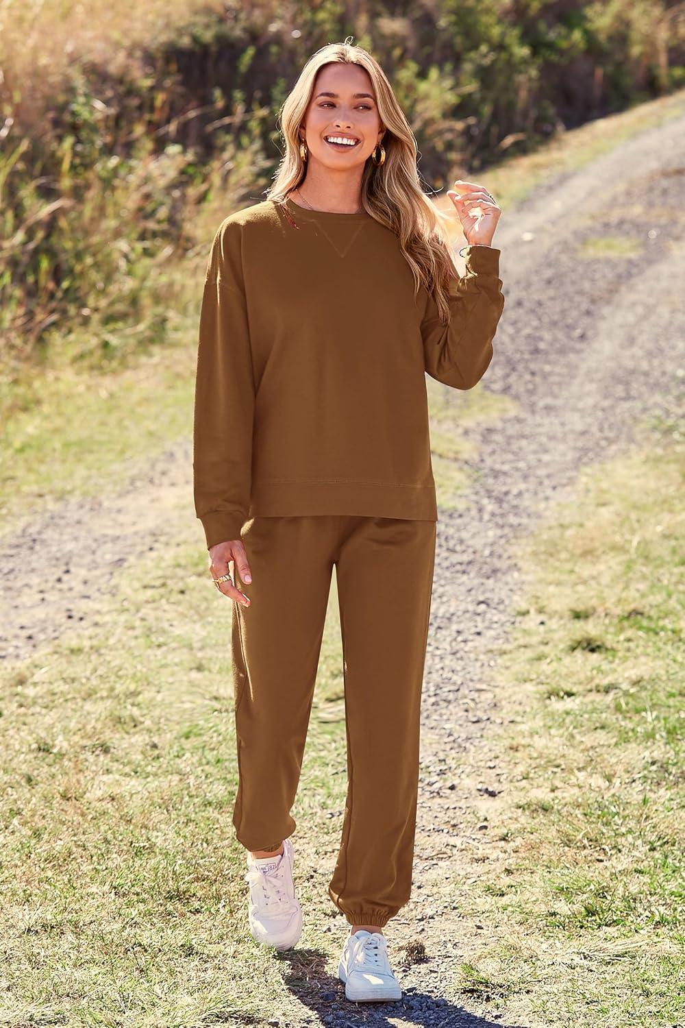 imagePRETTYGARDEN Womens Two Piece Loungewear Fall Casual Long Sleeve Tops Jogger Pants Pajama Sets Matching Outfits ClothingSolid Khaki