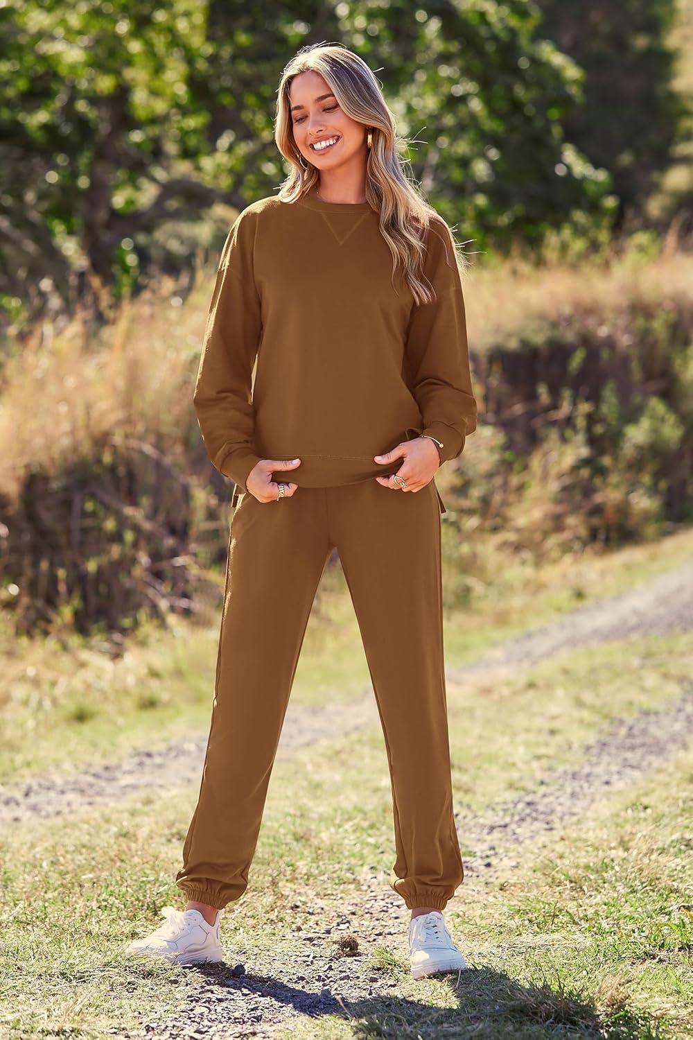 imagePRETTYGARDEN Womens Two Piece Loungewear Fall Casual Long Sleeve Tops Jogger Pants Pajama Sets Matching Outfits ClothingSolid Khaki