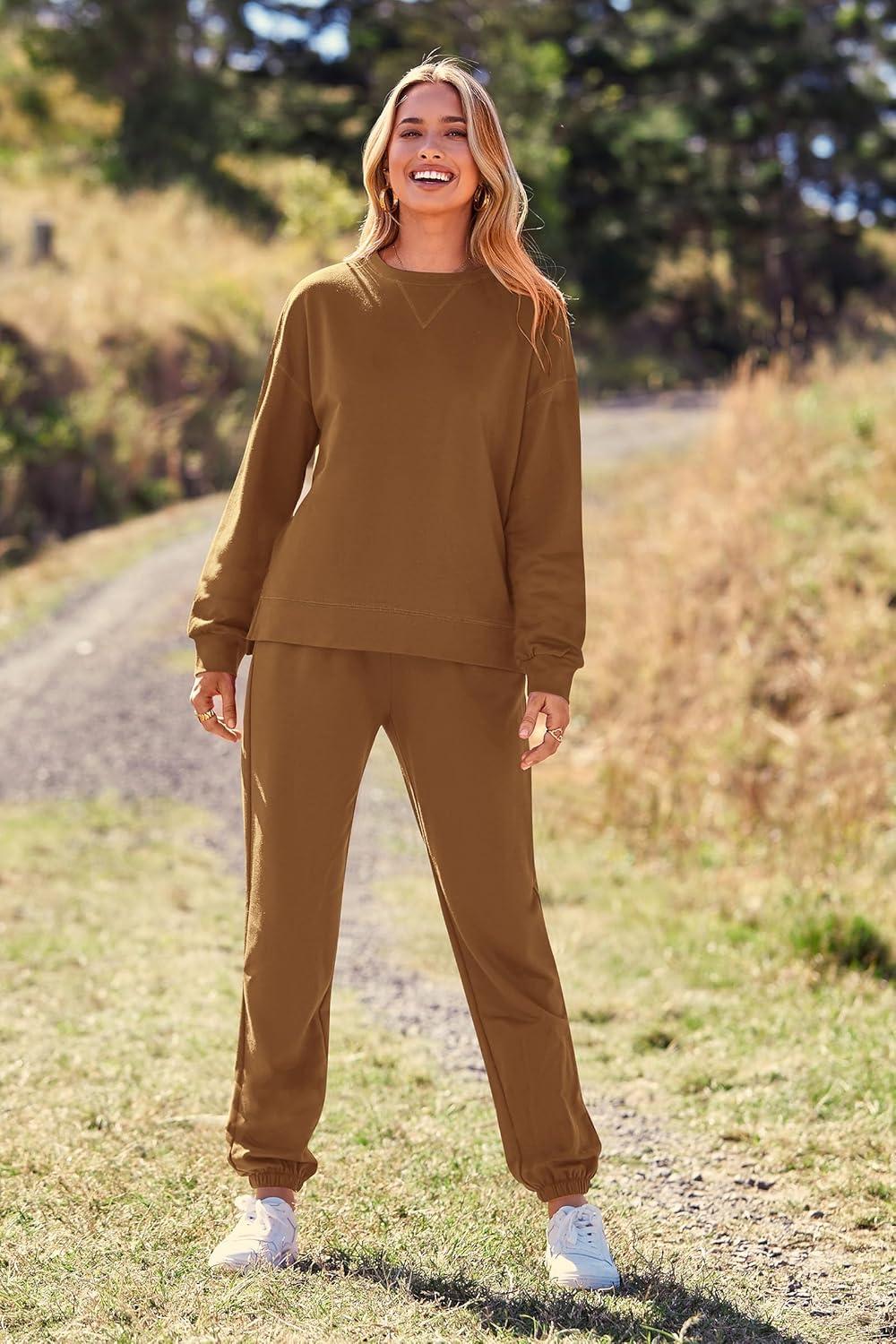 imagePRETTYGARDEN Womens Two Piece Loungewear Fall Casual Long Sleeve Tops Jogger Pants Pajama Sets Matching Outfits ClothingSolid Khaki