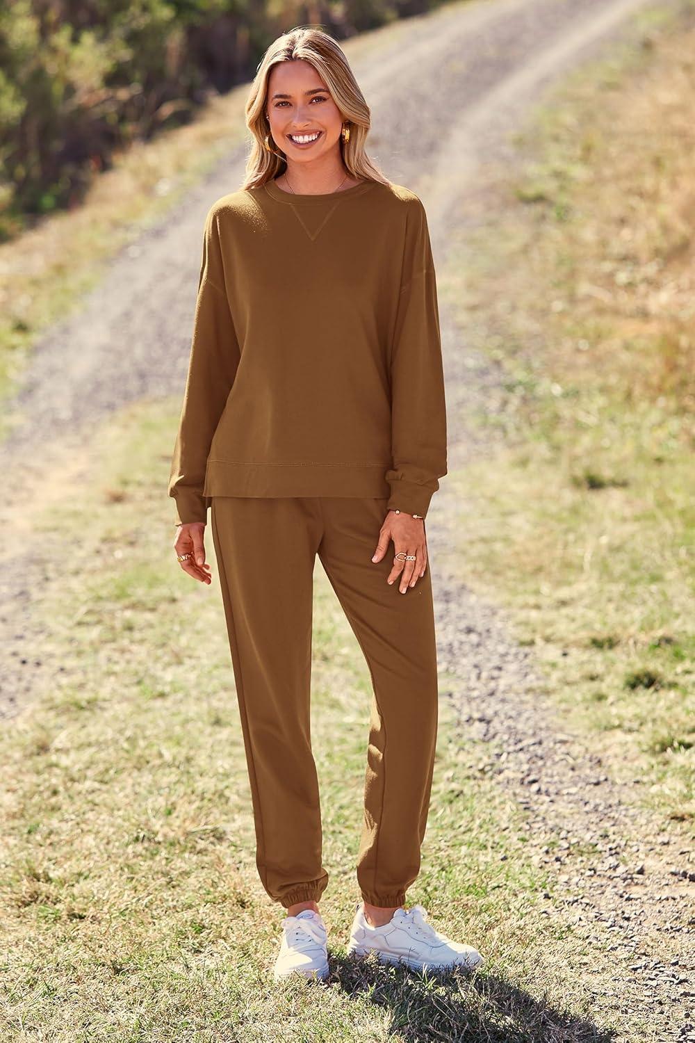 imagePRETTYGARDEN Womens Two Piece Loungewear Fall Casual Long Sleeve Tops Jogger Pants Pajama Sets Matching Outfits ClothingSolid Khaki
