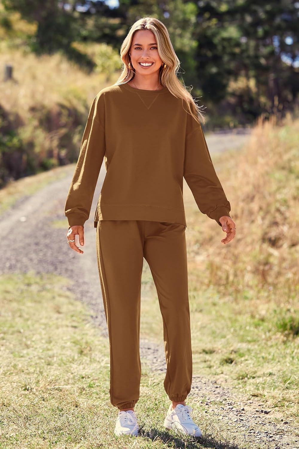 imagePRETTYGARDEN Womens Two Piece Loungewear Fall Casual Long Sleeve Tops Jogger Pants Pajama Sets Matching Outfits ClothingSolid Khaki