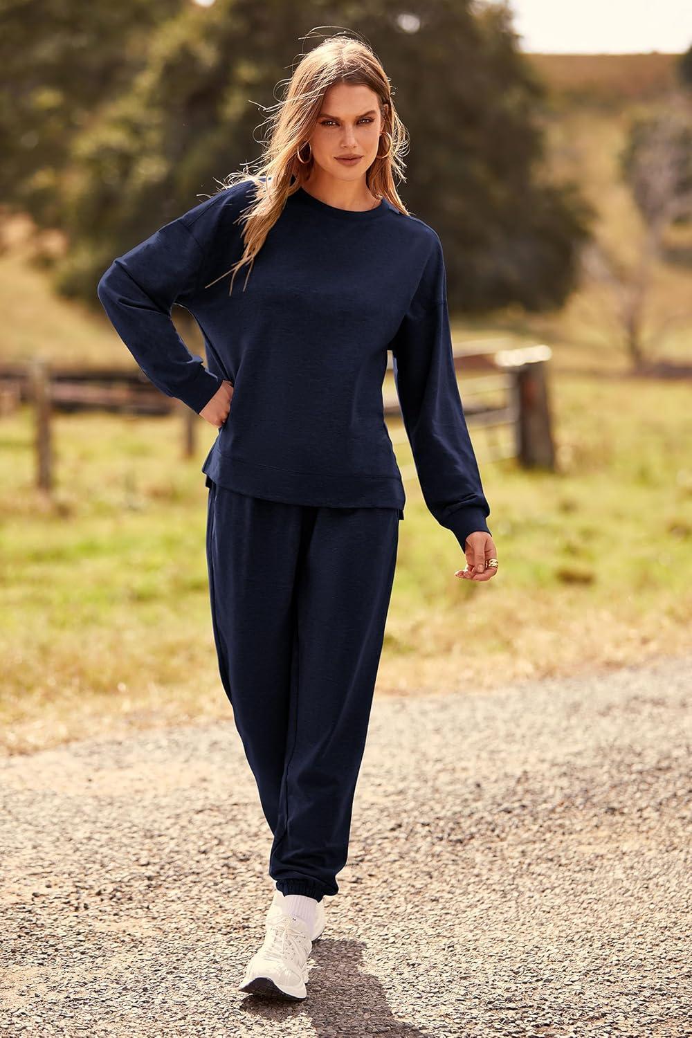 imagePRETTYGARDEN Womens Two Piece Loungewear Fall Casual Long Sleeve Tops Jogger Pants Pajama Sets Matching Outfits ClothingSolid Navy