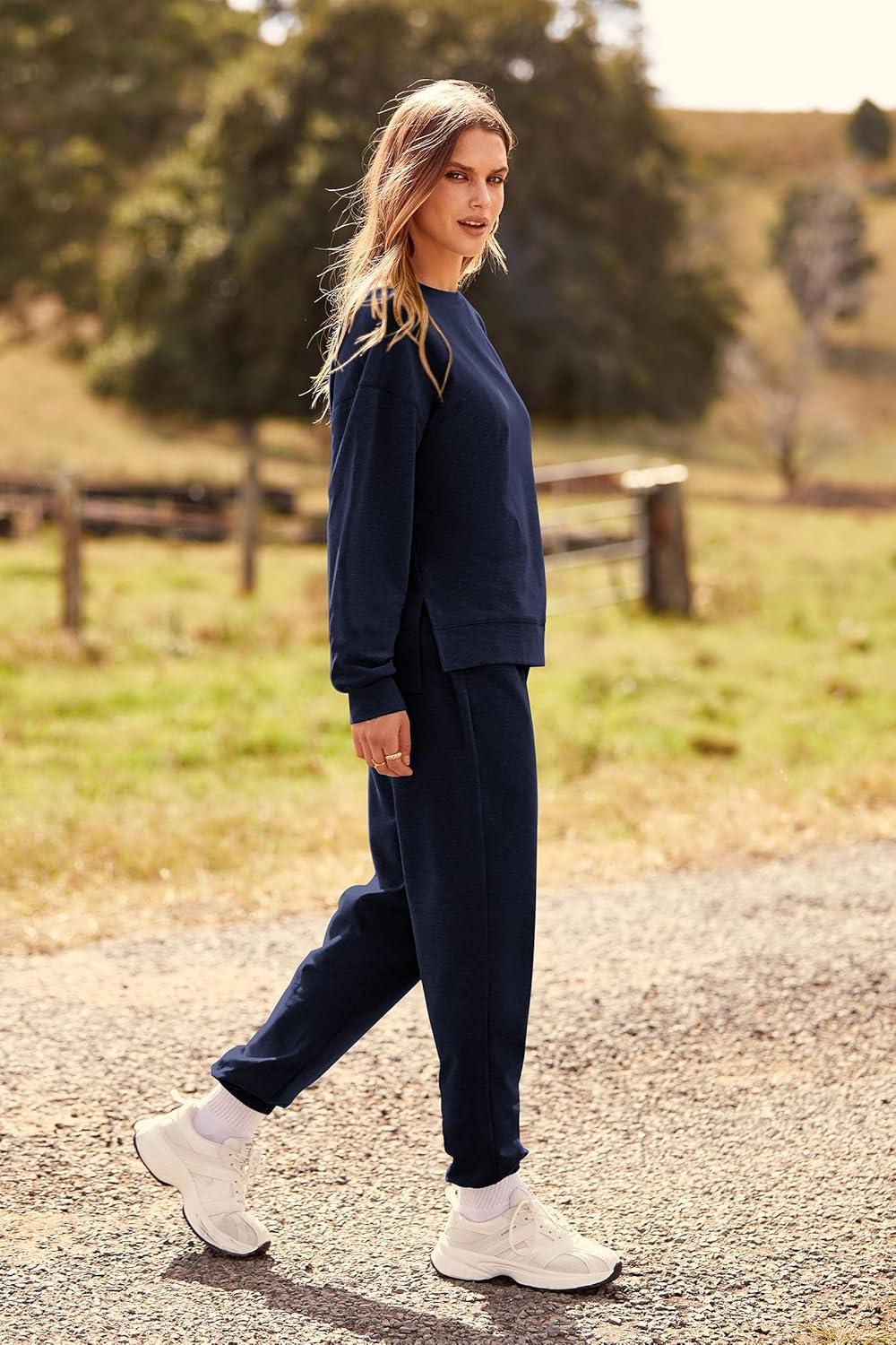 imagePRETTYGARDEN Womens Two Piece Loungewear Fall Casual Long Sleeve Tops Jogger Pants Pajama Sets Matching Outfits ClothingSolid Navy