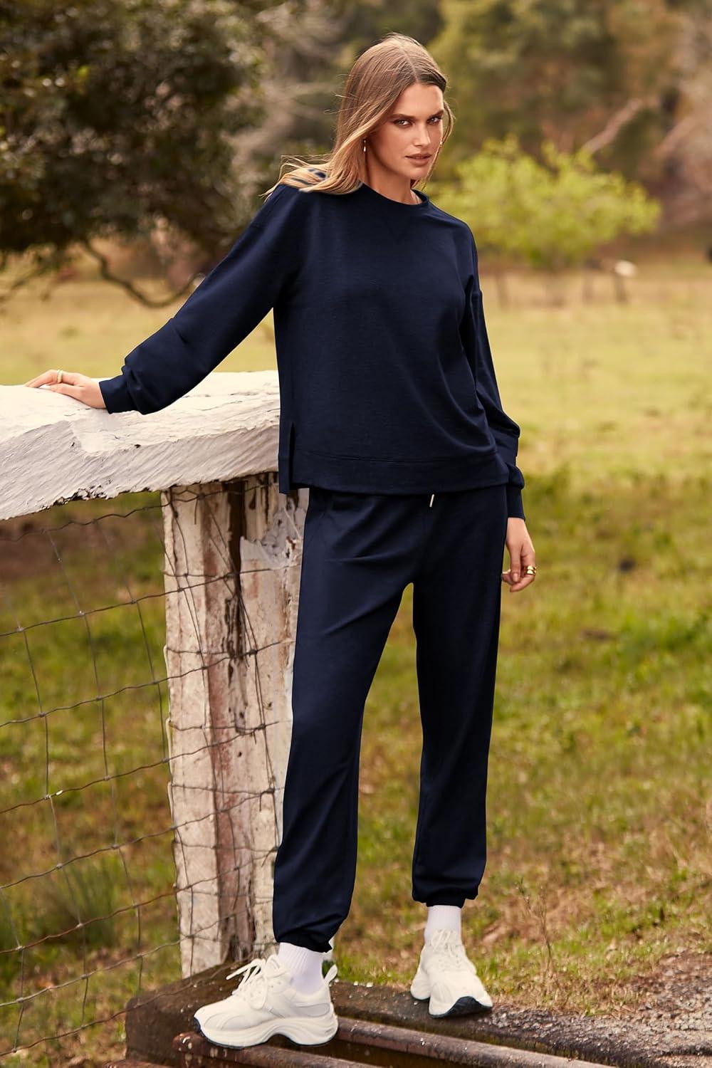 imagePRETTYGARDEN Womens Two Piece Loungewear Fall Casual Long Sleeve Tops Jogger Pants Pajama Sets Matching Outfits ClothingSolid Navy