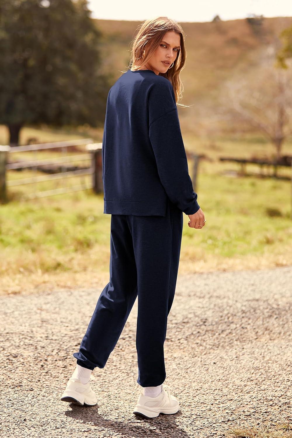 imagePRETTYGARDEN Womens Two Piece Loungewear Fall Casual Long Sleeve Tops Jogger Pants Pajama Sets Matching Outfits ClothingSolid Navy