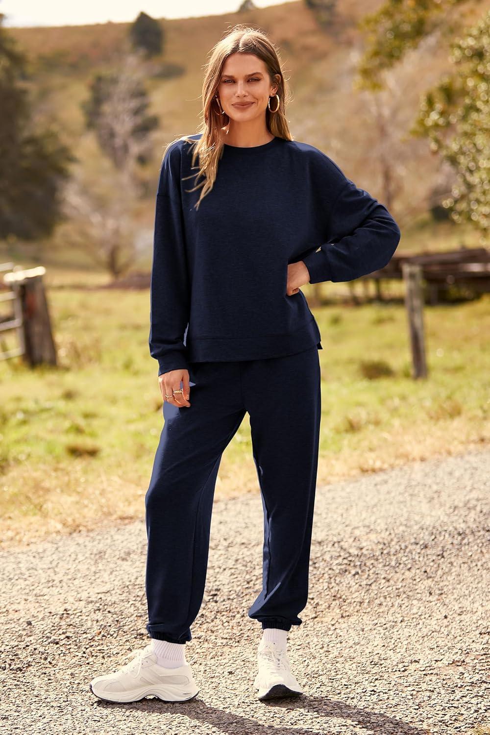 imagePRETTYGARDEN Womens Two Piece Loungewear Fall Casual Long Sleeve Tops Jogger Pants Pajama Sets Matching Outfits ClothingSolid Navy