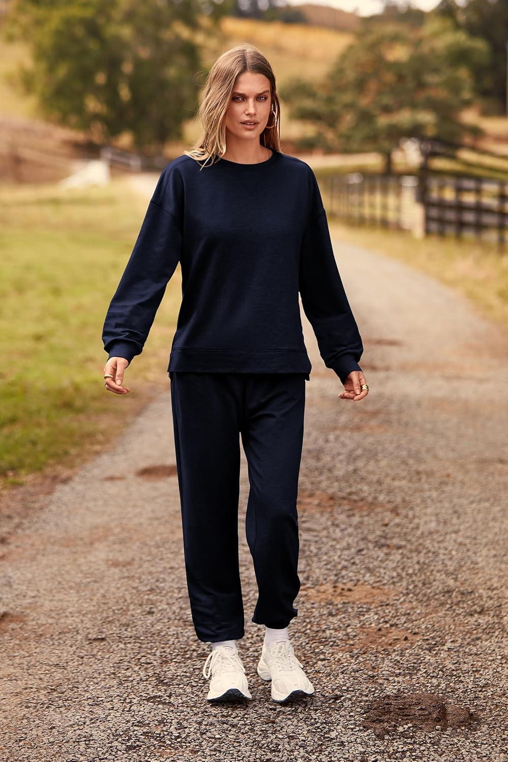 imagePRETTYGARDEN Womens Two Piece Loungewear Fall Casual Long Sleeve Tops Jogger Pants Pajama Sets Matching Outfits ClothingSolid Navy