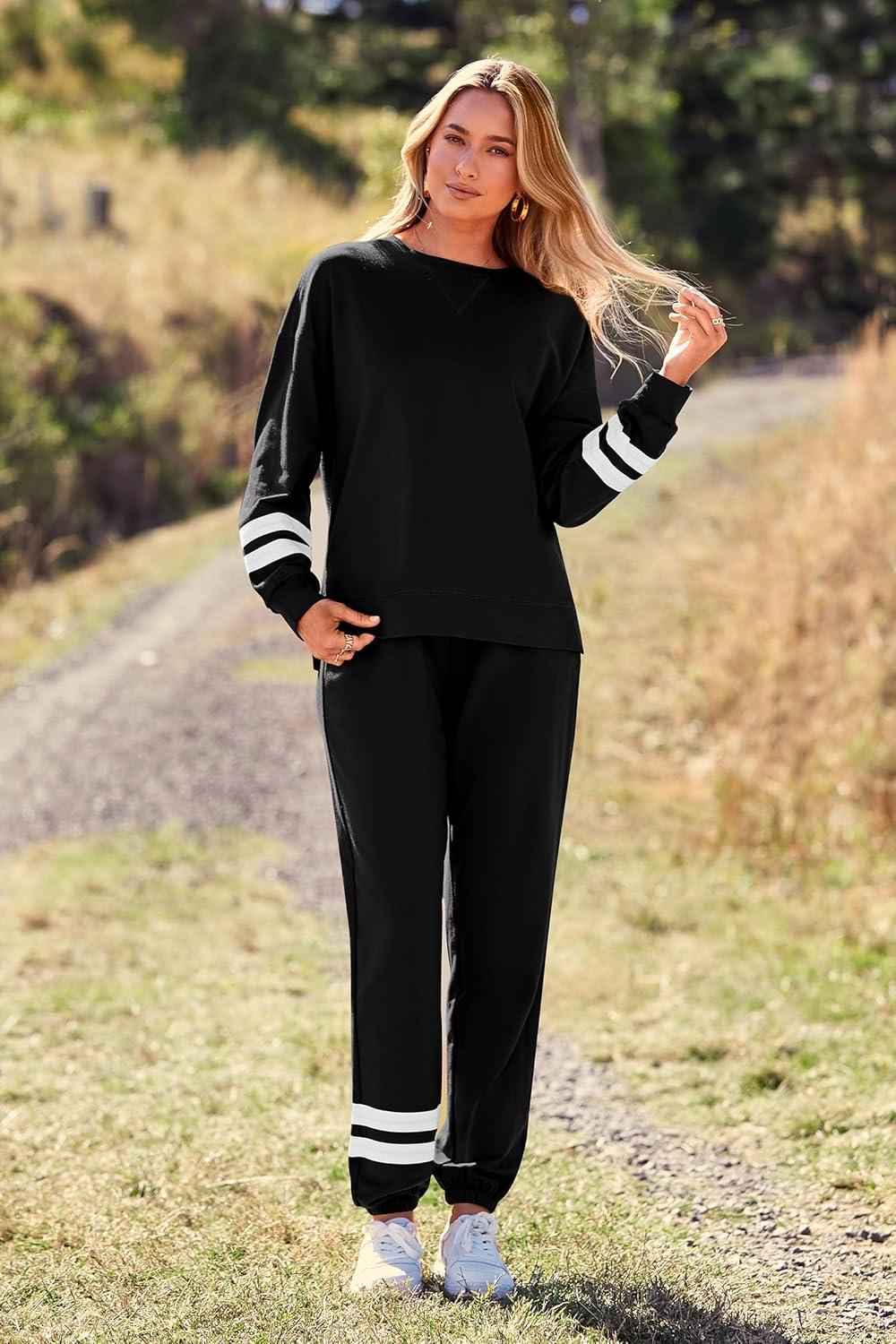 imagePRETTYGARDEN Womens Two Piece Loungewear Fall Casual Long Sleeve Tops Jogger Pants Pajama Sets Matching Outfits ClothingStriped Black
