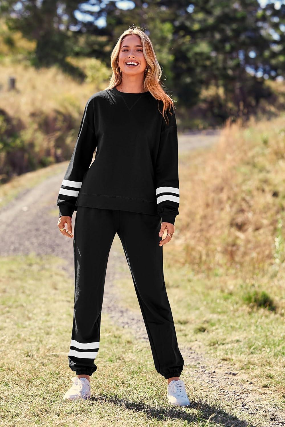 imagePRETTYGARDEN Womens Two Piece Loungewear Fall Casual Long Sleeve Tops Jogger Pants Pajama Sets Matching Outfits ClothingStriped Black