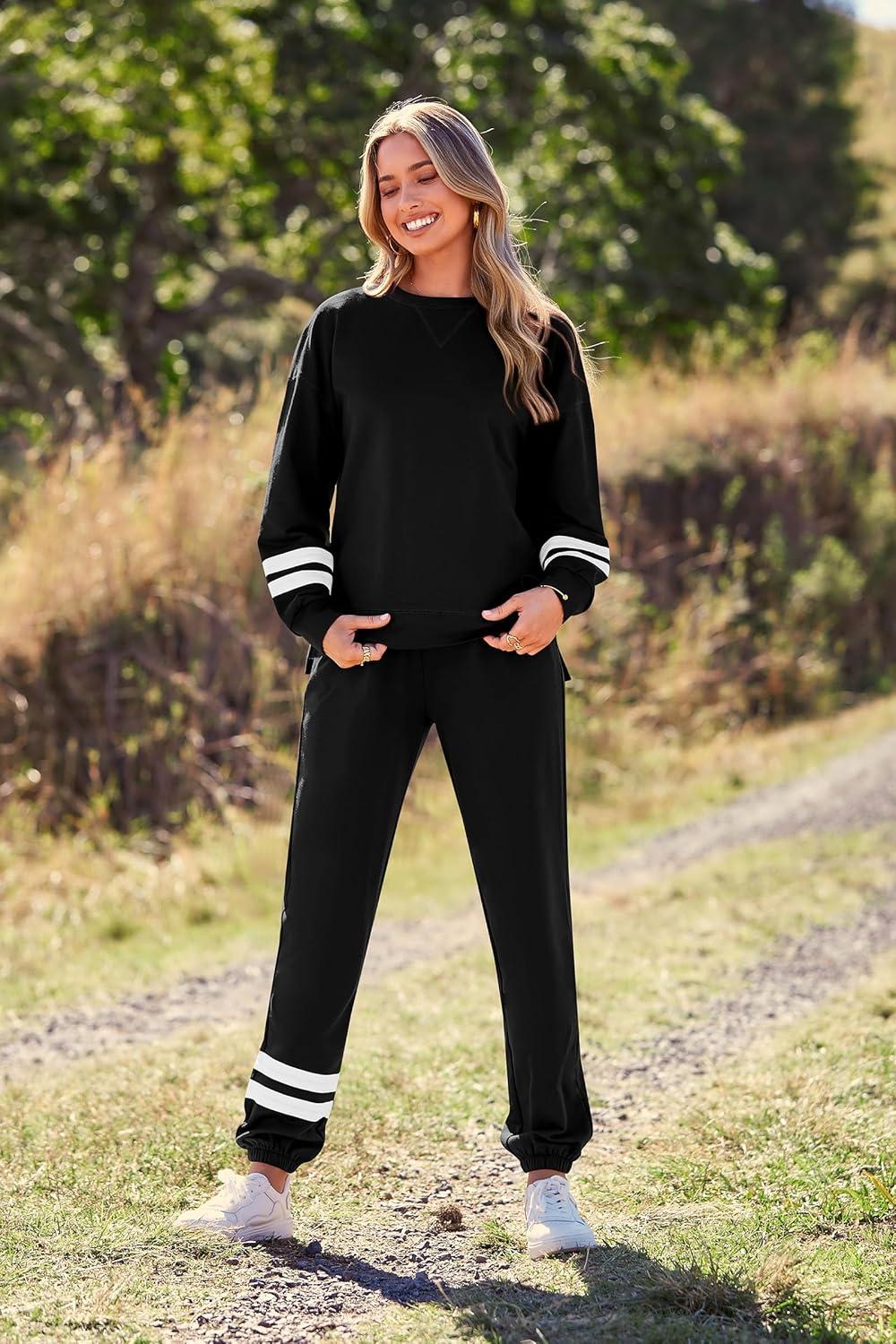 imagePRETTYGARDEN Womens Two Piece Loungewear Fall Casual Long Sleeve Tops Jogger Pants Pajama Sets Matching Outfits ClothingStriped Black