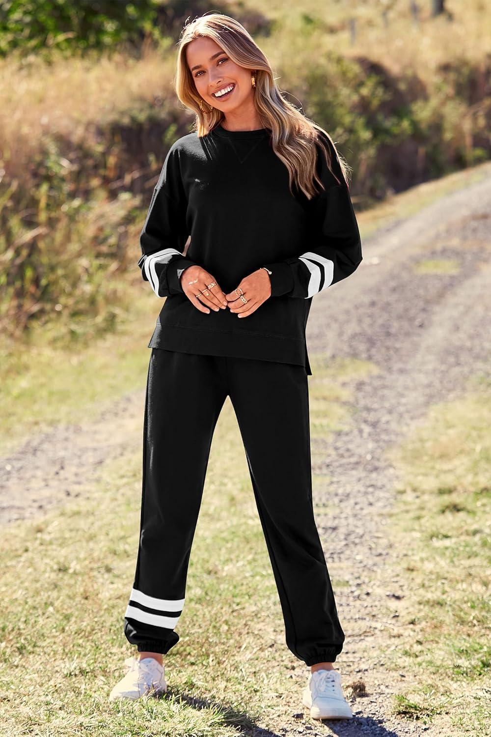 imagePRETTYGARDEN Womens Two Piece Loungewear Fall Casual Long Sleeve Tops Jogger Pants Pajama Sets Matching Outfits ClothingStriped Black