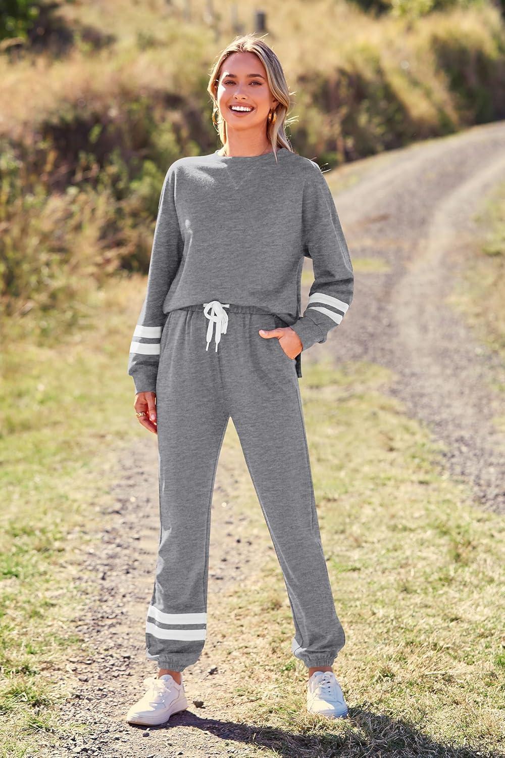 imagePRETTYGARDEN Womens Two Piece Loungewear Fall Casual Long Sleeve Tops Jogger Pants Pajama Sets Matching Outfits ClothingStriped Grey