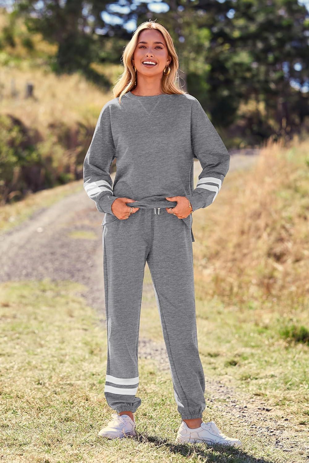 imagePRETTYGARDEN Womens Two Piece Loungewear Fall Casual Long Sleeve Tops Jogger Pants Pajama Sets Matching Outfits ClothingStriped Grey