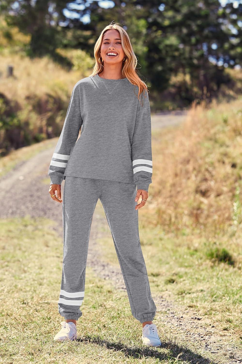 imagePRETTYGARDEN Womens Two Piece Loungewear Fall Casual Long Sleeve Tops Jogger Pants Pajama Sets Matching Outfits ClothingStriped Grey