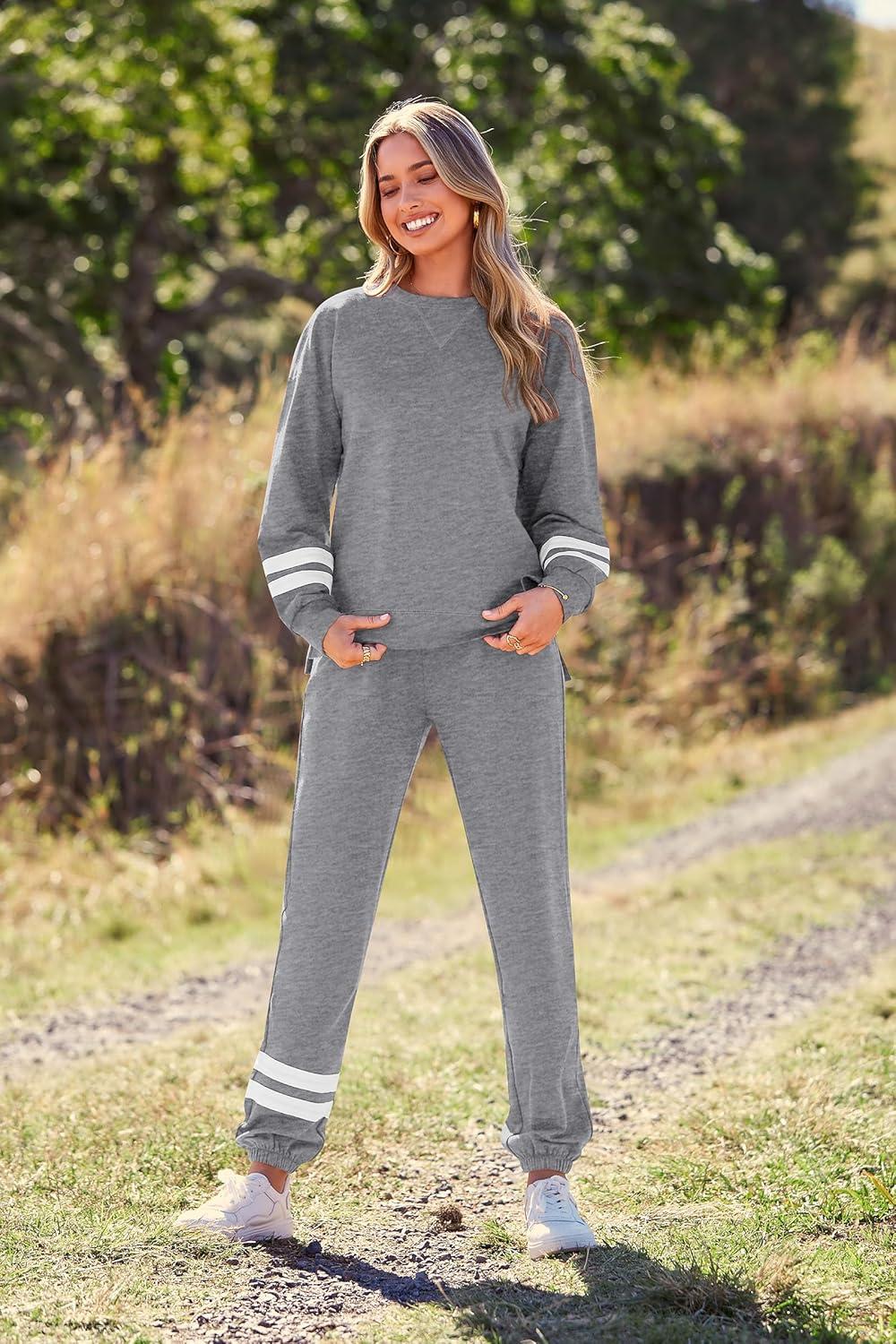 imagePRETTYGARDEN Womens Two Piece Loungewear Fall Casual Long Sleeve Tops Jogger Pants Pajama Sets Matching Outfits ClothingStriped Grey
