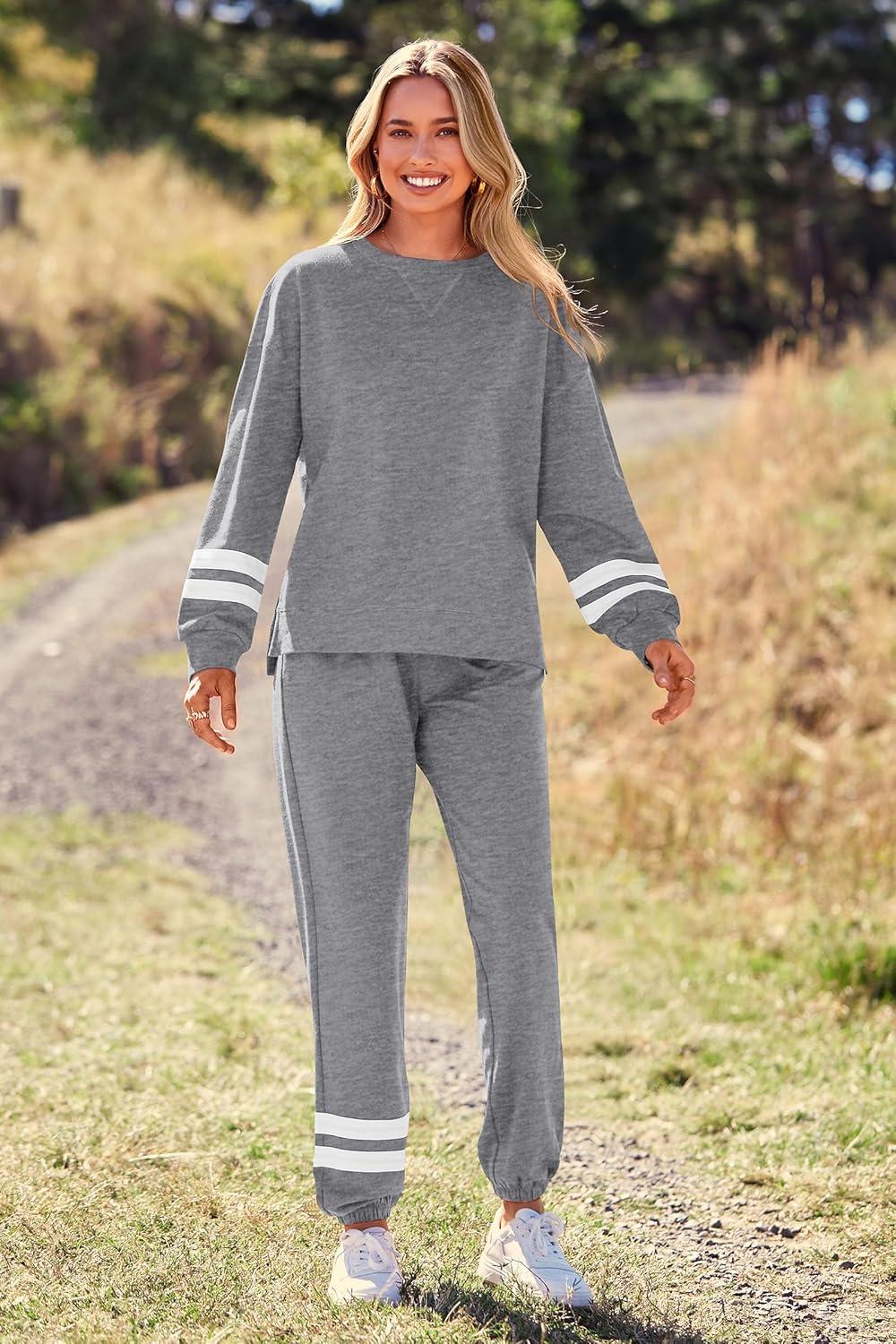 imagePRETTYGARDEN Womens Two Piece Loungewear Fall Casual Long Sleeve Tops Jogger Pants Pajama Sets Matching Outfits ClothingStriped Grey