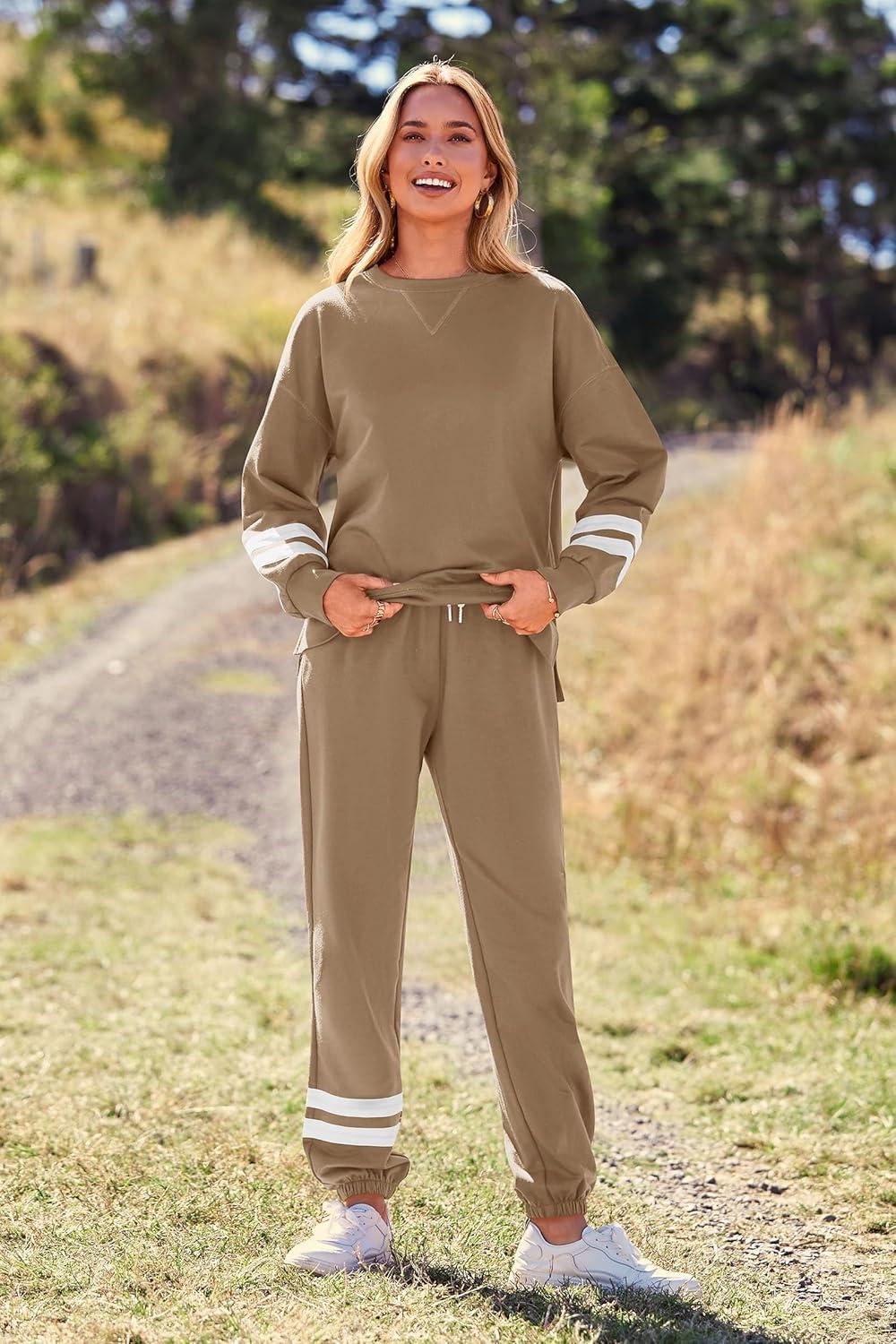 imagePRETTYGARDEN Womens Two Piece Loungewear Fall Casual Long Sleeve Tops Jogger Pants Pajama Sets Matching Outfits ClothingStriped Khaki