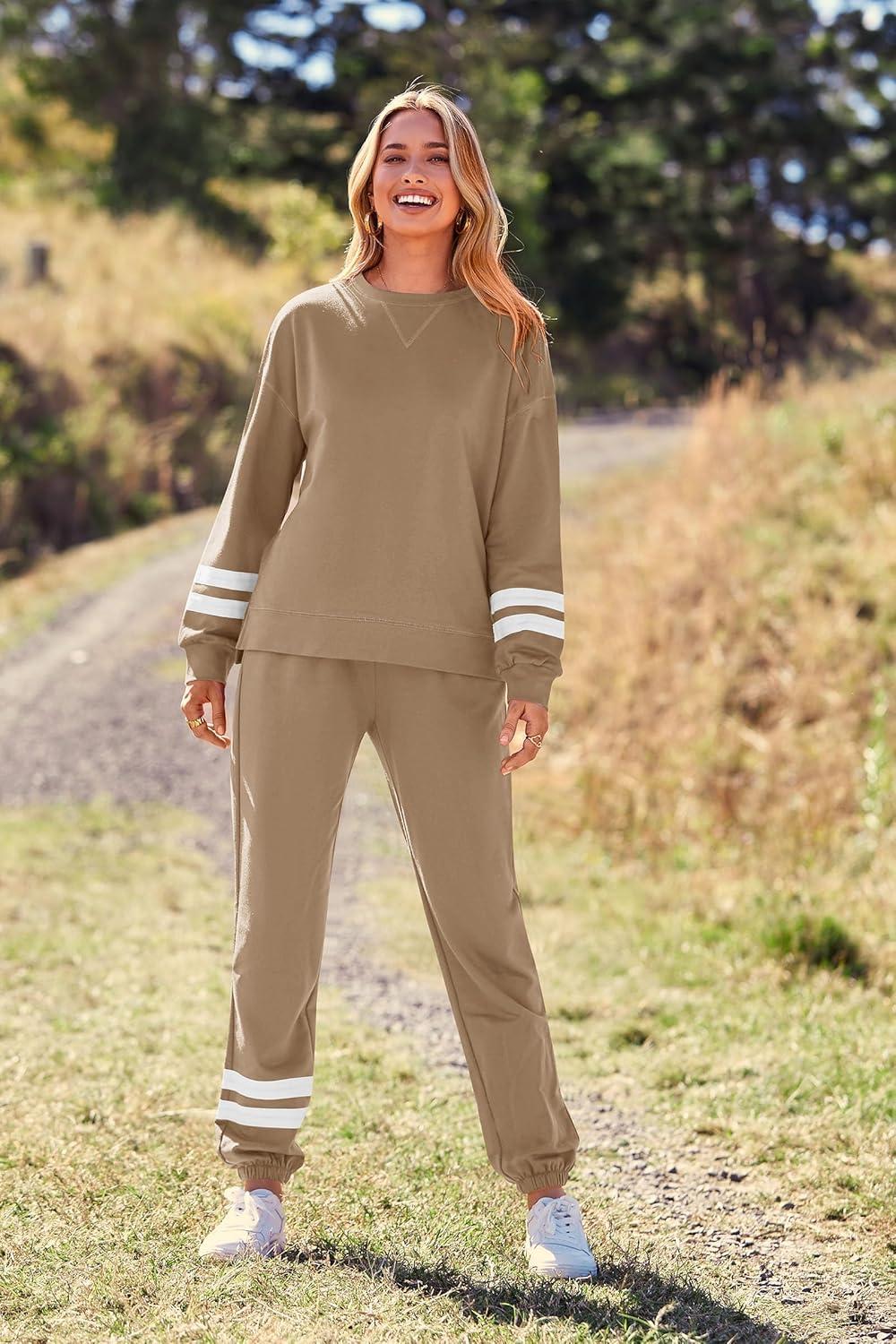 imagePRETTYGARDEN Womens Two Piece Loungewear Fall Casual Long Sleeve Tops Jogger Pants Pajama Sets Matching Outfits ClothingStriped Khaki