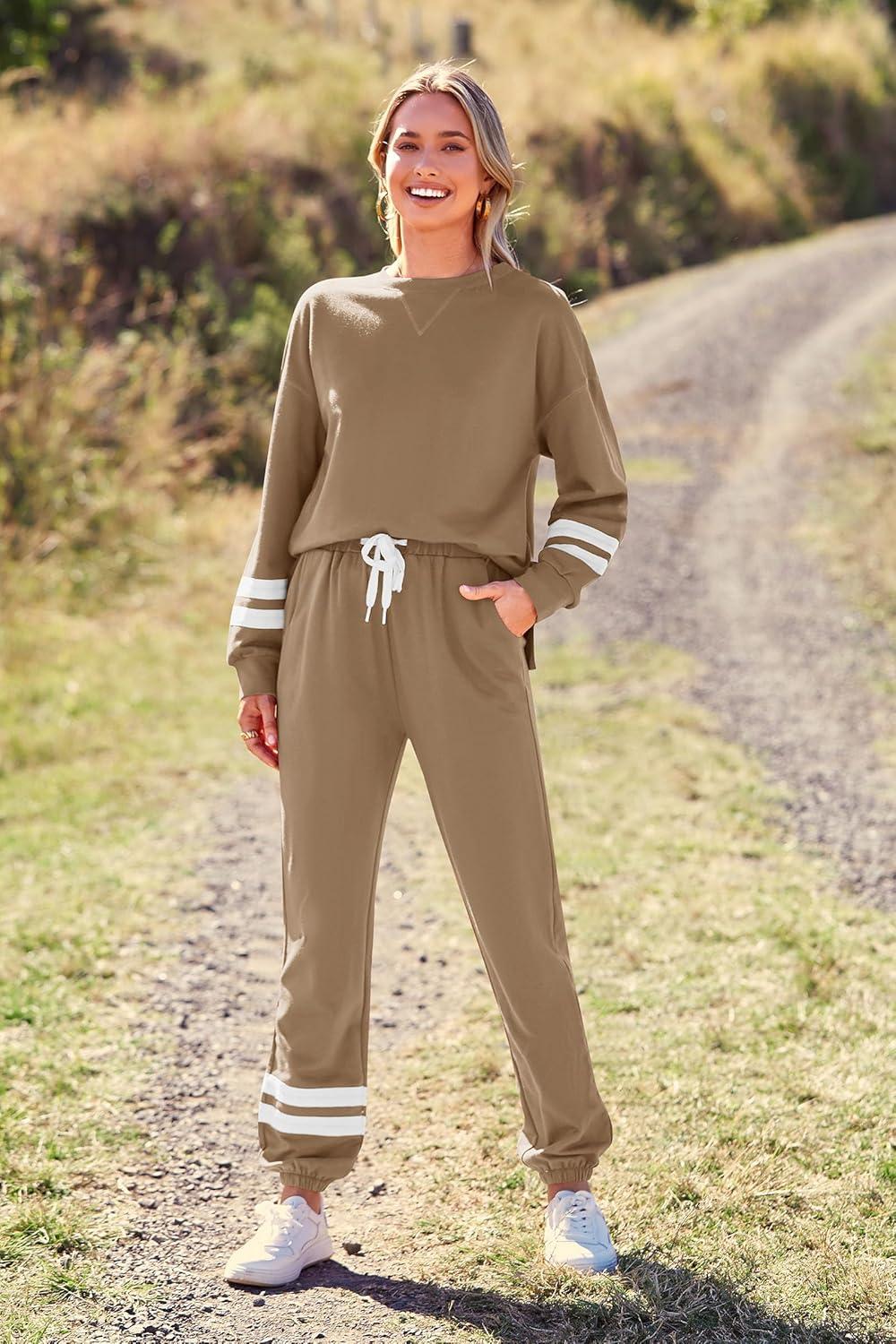 imagePRETTYGARDEN Womens Two Piece Loungewear Fall Casual Long Sleeve Tops Jogger Pants Pajama Sets Matching Outfits ClothingStriped Khaki