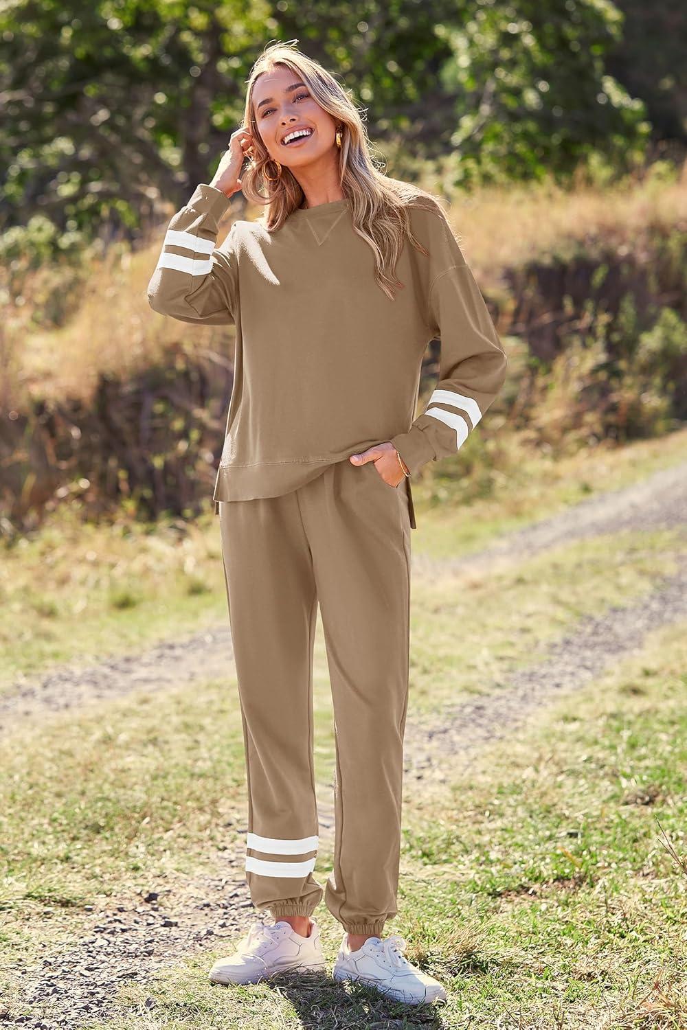 imagePRETTYGARDEN Womens Two Piece Loungewear Fall Casual Long Sleeve Tops Jogger Pants Pajama Sets Matching Outfits ClothingStriped Khaki