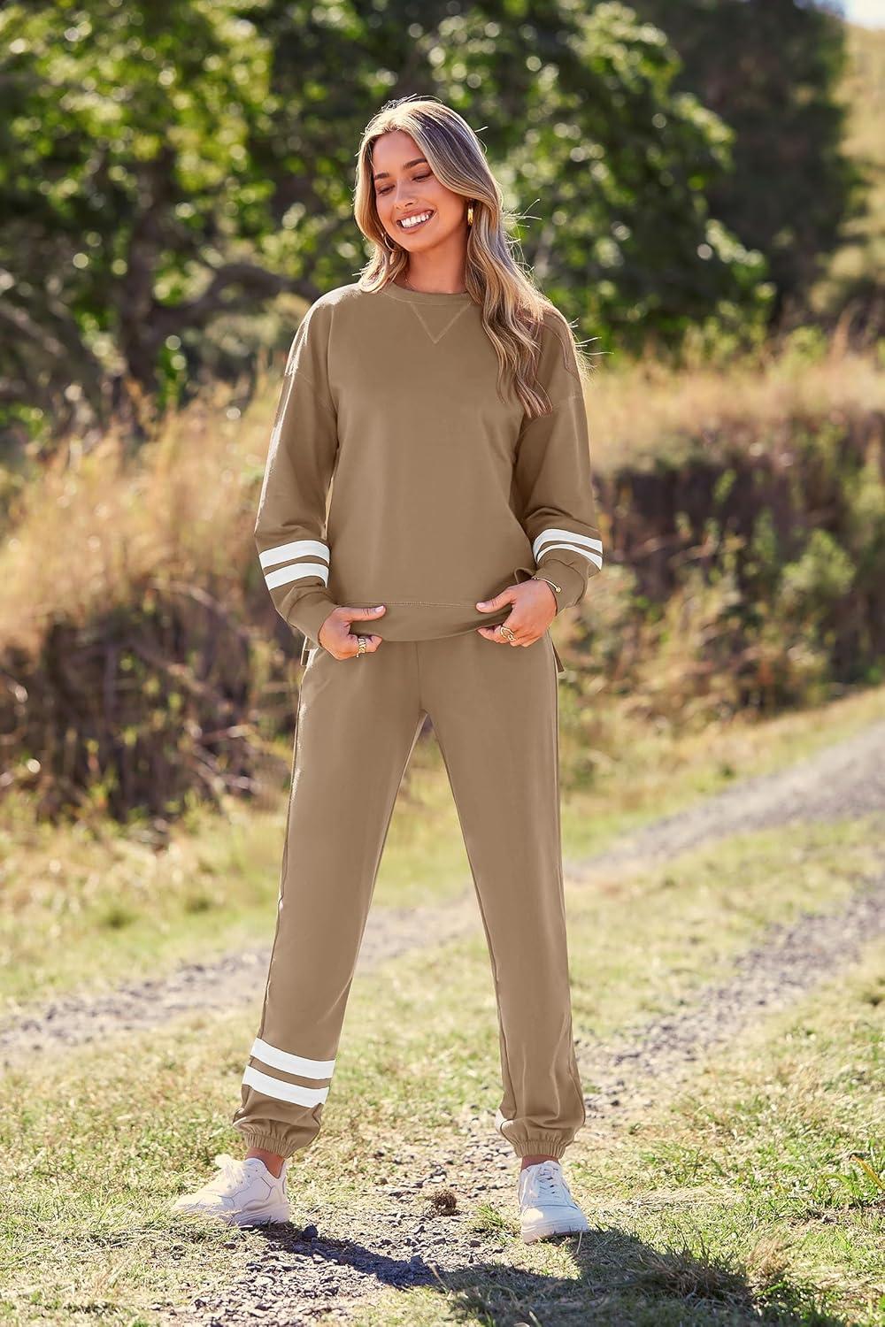imagePRETTYGARDEN Womens Two Piece Loungewear Fall Casual Long Sleeve Tops Jogger Pants Pajama Sets Matching Outfits ClothingStriped Khaki