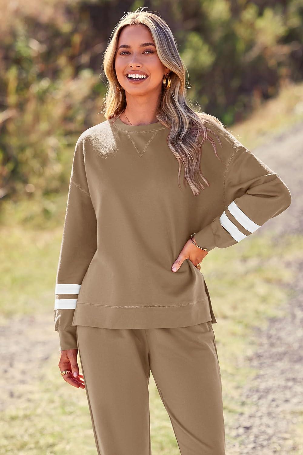 imagePRETTYGARDEN Womens Two Piece Loungewear Fall Casual Long Sleeve Tops Jogger Pants Pajama Sets Matching Outfits ClothingStriped Khaki