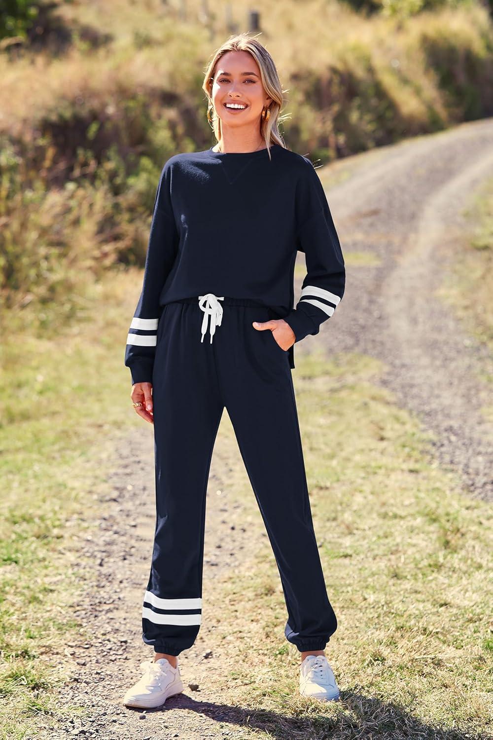 imagePRETTYGARDEN Womens Two Piece Loungewear Fall Casual Long Sleeve Tops Jogger Pants Pajama Sets Matching Outfits ClothingStriped Navy