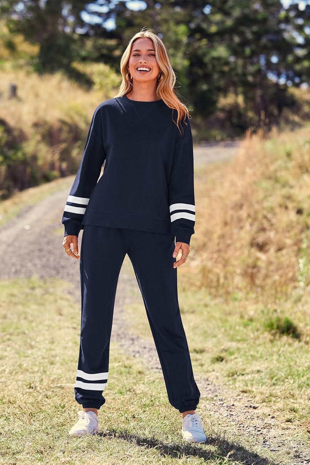 imagePRETTYGARDEN Womens Two Piece Loungewear Fall Casual Long Sleeve Tops Jogger Pants Pajama Sets Matching Outfits ClothingStriped Navy