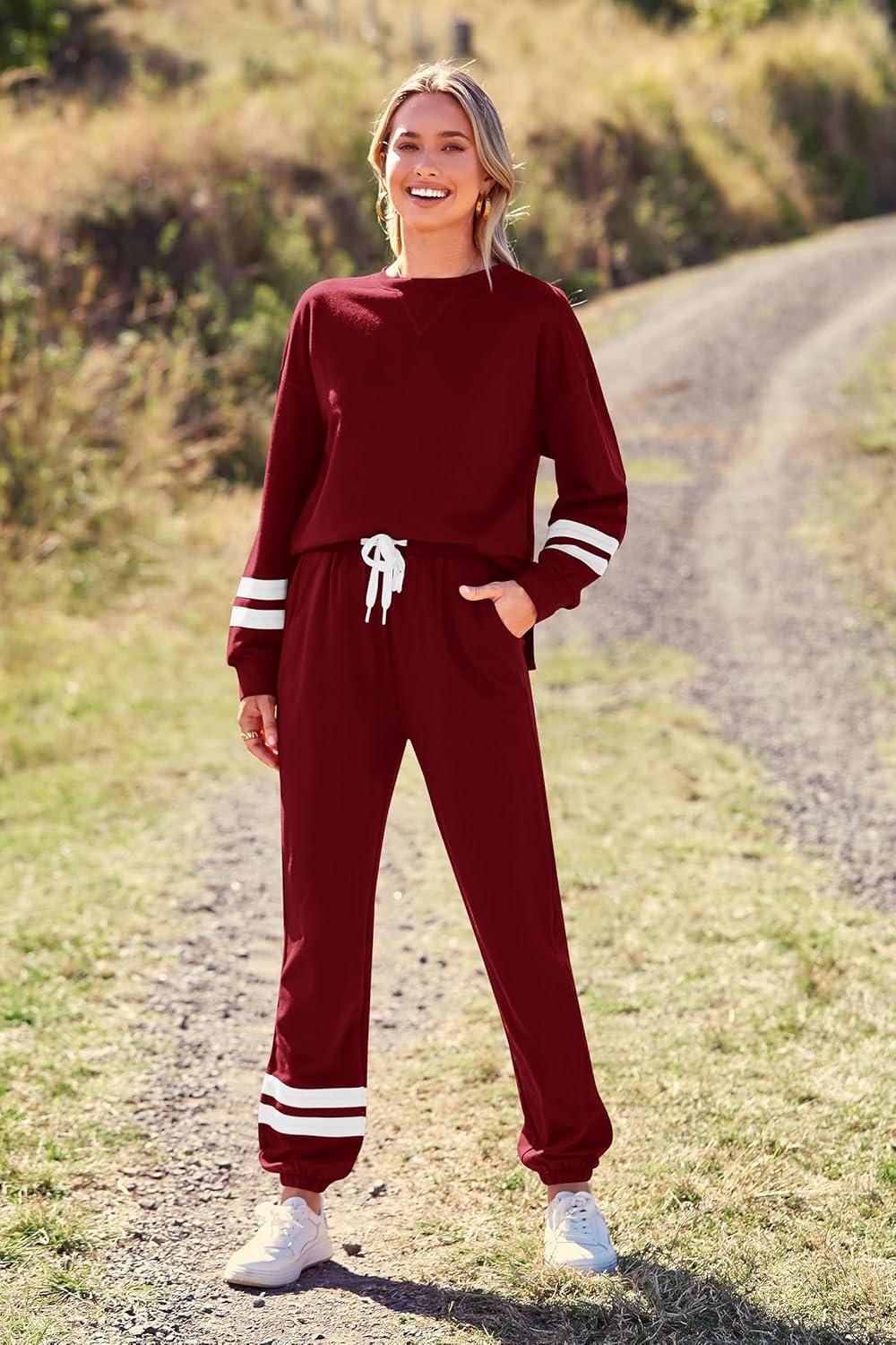 imagePRETTYGARDEN Womens Two Piece Loungewear Fall Casual Long Sleeve Tops Jogger Pants Pajama Sets Matching Outfits ClothingStriped Wine Red