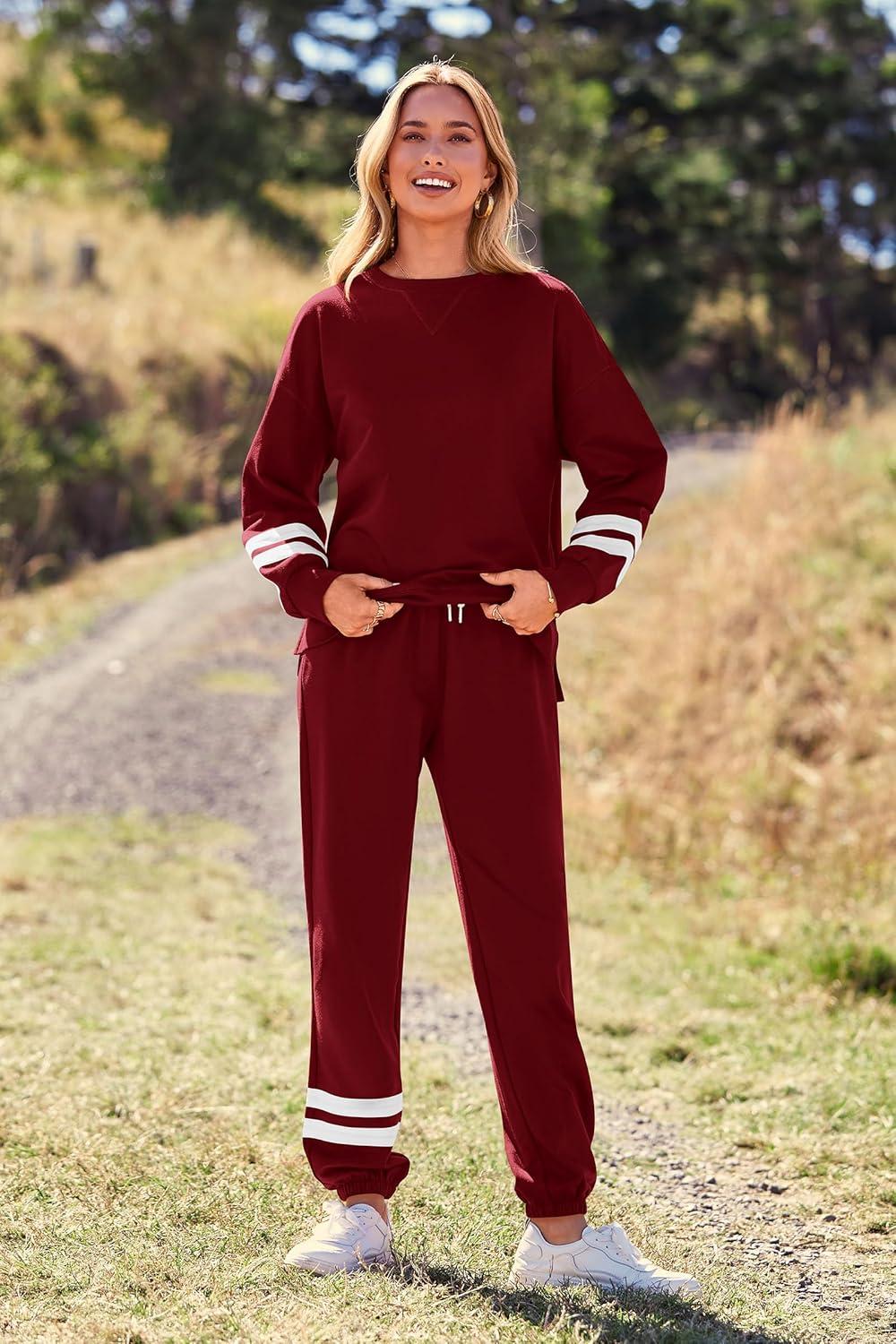 imagePRETTYGARDEN Womens Two Piece Loungewear Fall Casual Long Sleeve Tops Jogger Pants Pajama Sets Matching Outfits ClothingStriped Wine Red