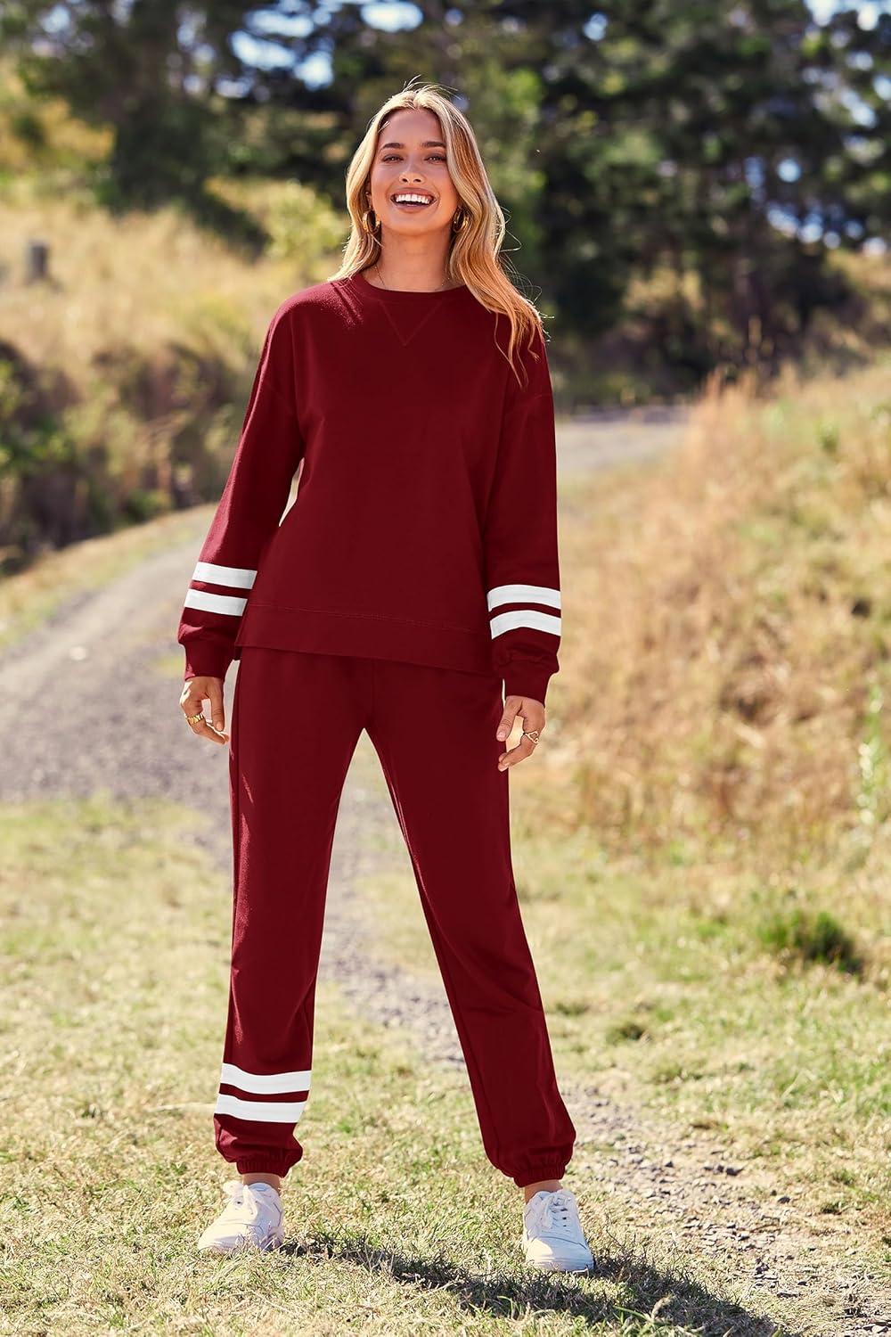 imagePRETTYGARDEN Womens Two Piece Loungewear Fall Casual Long Sleeve Tops Jogger Pants Pajama Sets Matching Outfits ClothingStriped Wine Red