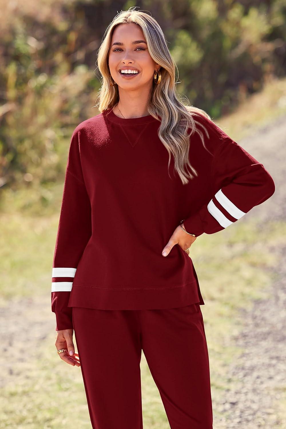 imagePRETTYGARDEN Womens Two Piece Loungewear Fall Casual Long Sleeve Tops Jogger Pants Pajama Sets Matching Outfits ClothingStriped Wine Red