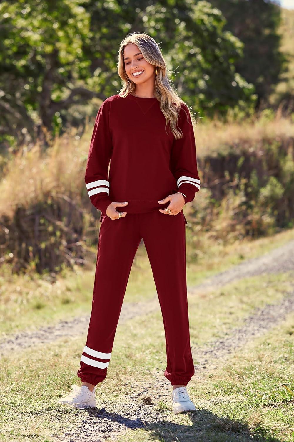 imagePRETTYGARDEN Womens Two Piece Loungewear Fall Casual Long Sleeve Tops Jogger Pants Pajama Sets Matching Outfits ClothingStriped Wine Red