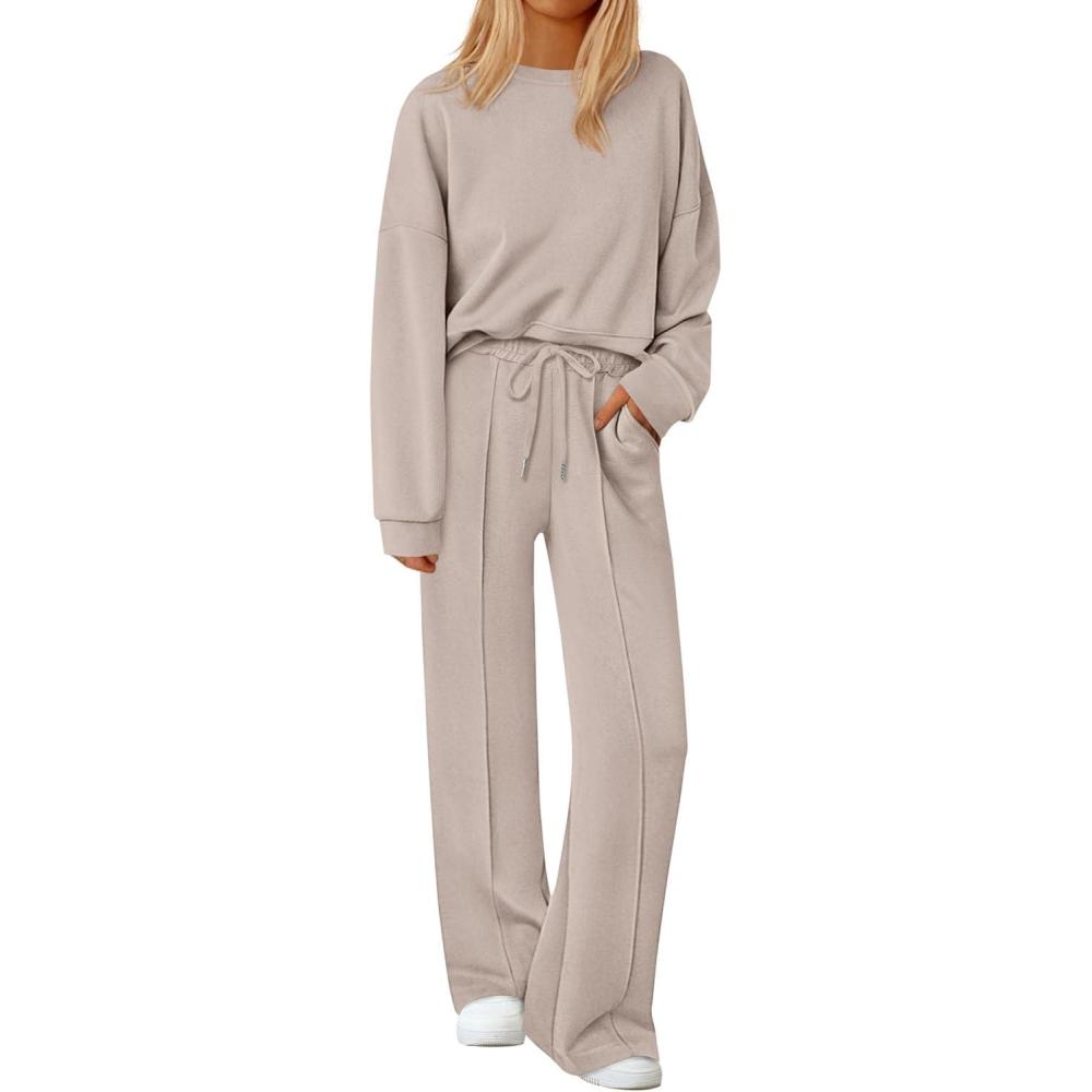 imagePRETTYGARDEN 2 Piece Sets For Women Fall Trendy Long Sleeve Sweatshirt Wide Leg Pants Loungewear Set Matching SweatsuitApricot