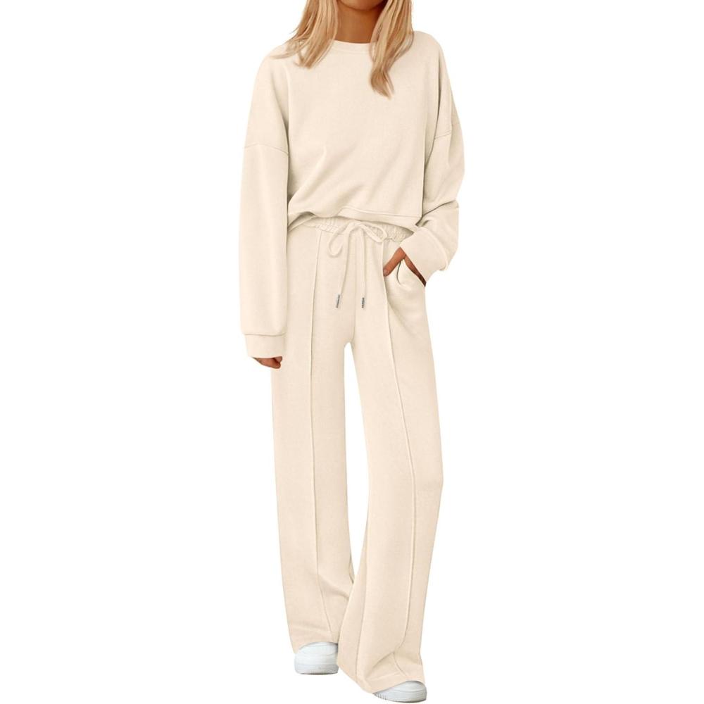 imagePRETTYGARDEN 2 Piece Sets For Women Fall Trendy Long Sleeve Sweatshirt Wide Leg Pants Loungewear Set Matching SweatsuitBeige