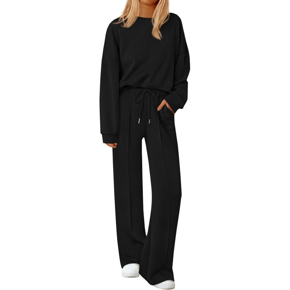 imagePRETTYGARDEN 2 Piece Sets For Women Fall Trendy Long Sleeve Sweatshirt Wide Leg Pants Loungewear Set Matching SweatsuitBlack