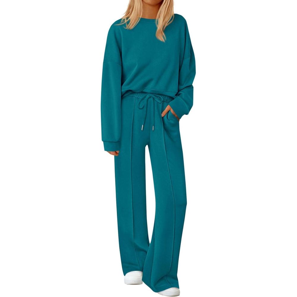 imagePRETTYGARDEN 2 Piece Sets For Women Fall Trendy Long Sleeve Sweatshirt Wide Leg Pants Loungewear Set Matching SweatsuitBlue Green