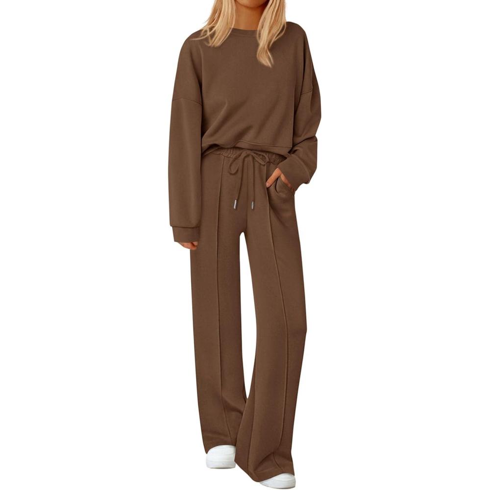 imagePRETTYGARDEN 2 Piece Sets For Women Fall Trendy Long Sleeve Sweatshirt Wide Leg Pants Loungewear Set Matching SweatsuitBrown