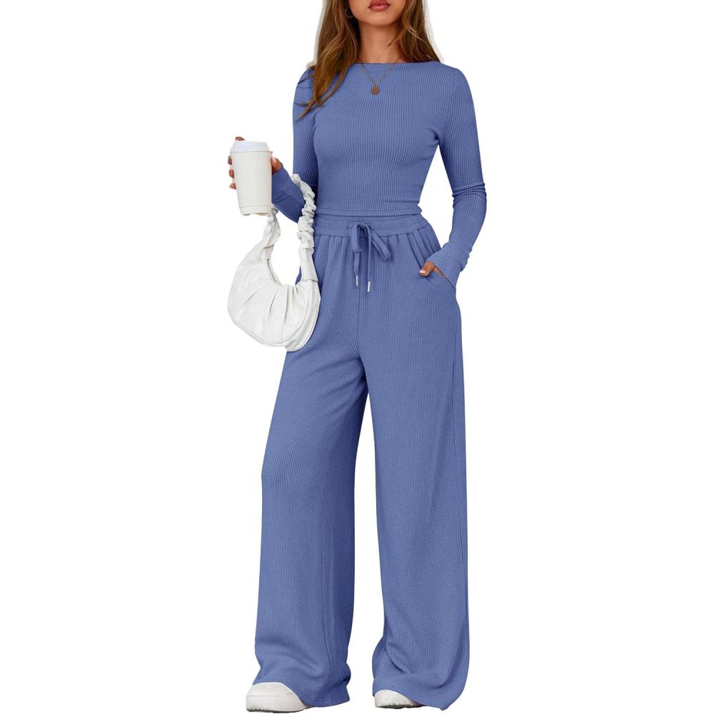 imagePRETTYGARDEN Matching Sets Women Clothing 2026 Fall Fashion Travel 2 Piece Lounge Sets Long Sleeve Crop Top Wide Leg PantsBlue