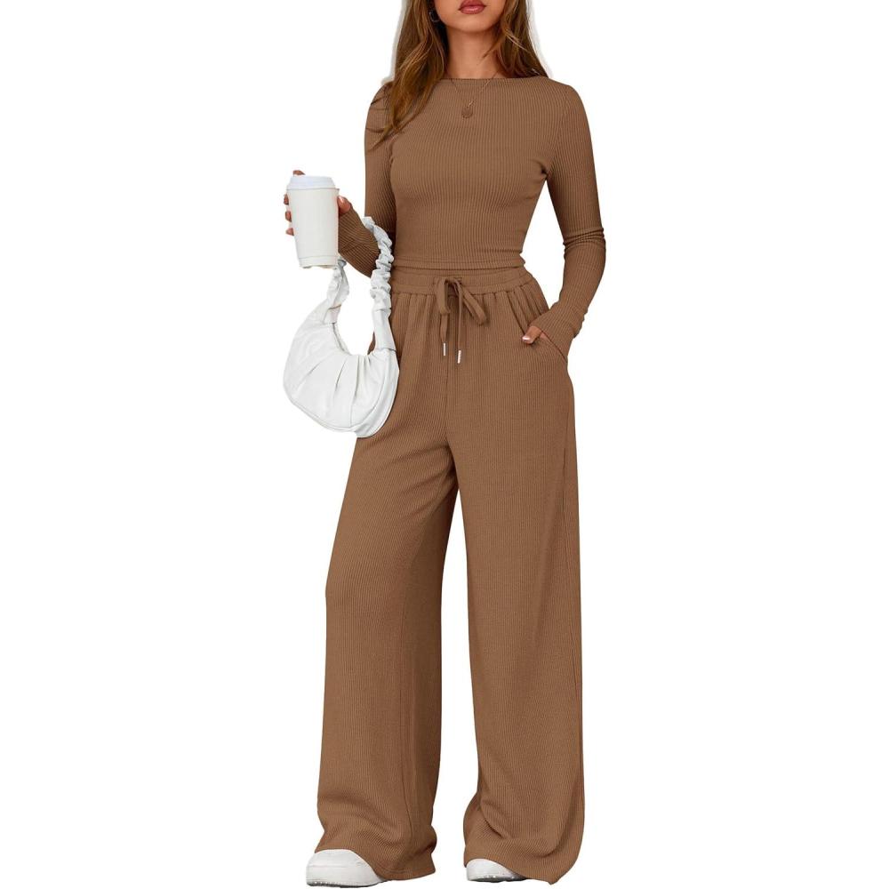 imagePRETTYGARDEN Matching Sets Women Clothing 2026 Fall Fashion Travel 2 Piece Lounge Sets Long Sleeve Crop Top Wide Leg PantsDark Khaki