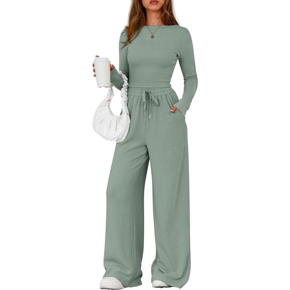 imagePRETTYGARDEN Matching Sets Women Clothing 2026 Fall Fashion Travel 2 Piece Lounge Sets Long Sleeve Crop Top Wide Leg PantsGreen