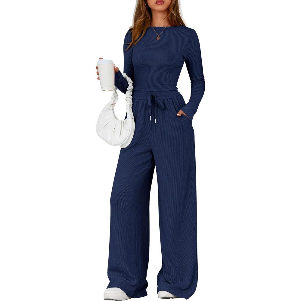 imagePRETTYGARDEN Matching Sets Women Clothing 2026 Fall Fashion Travel 2 Piece Lounge Sets Long Sleeve Crop Top Wide Leg PantsNavy