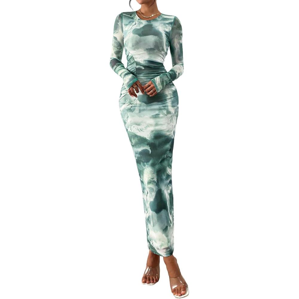 imagePRETTYGARDEN Wedding Guest Dresses for Women Spring Long Sleeve Ruched Bodycon Floral Mesh Cocktail Party Fall Maxi DressGrey Green Floral