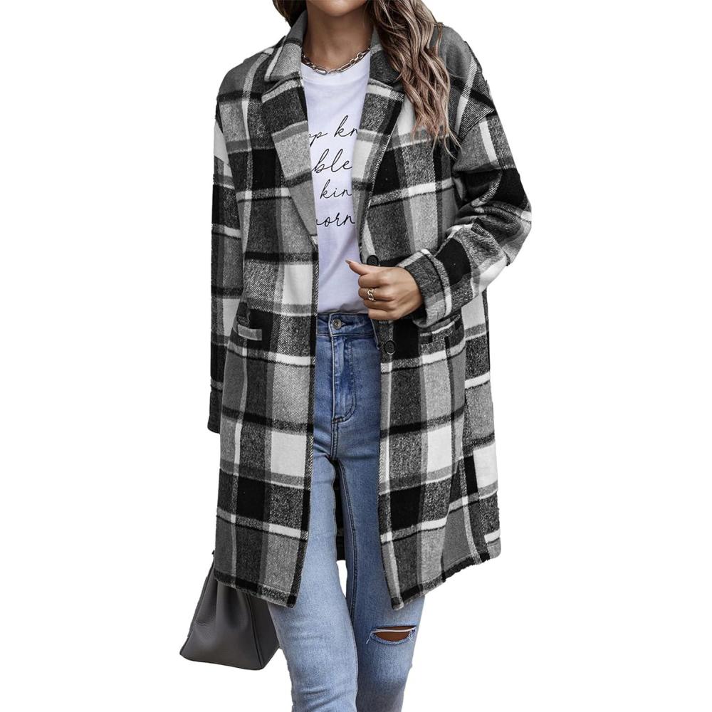 imagePRETTYGARDEN Women Plaid Shacket Jacket Trendy Fall Casual Button Wool Blend Tartan Trench Coat Winter Clothing with PocketsGrey