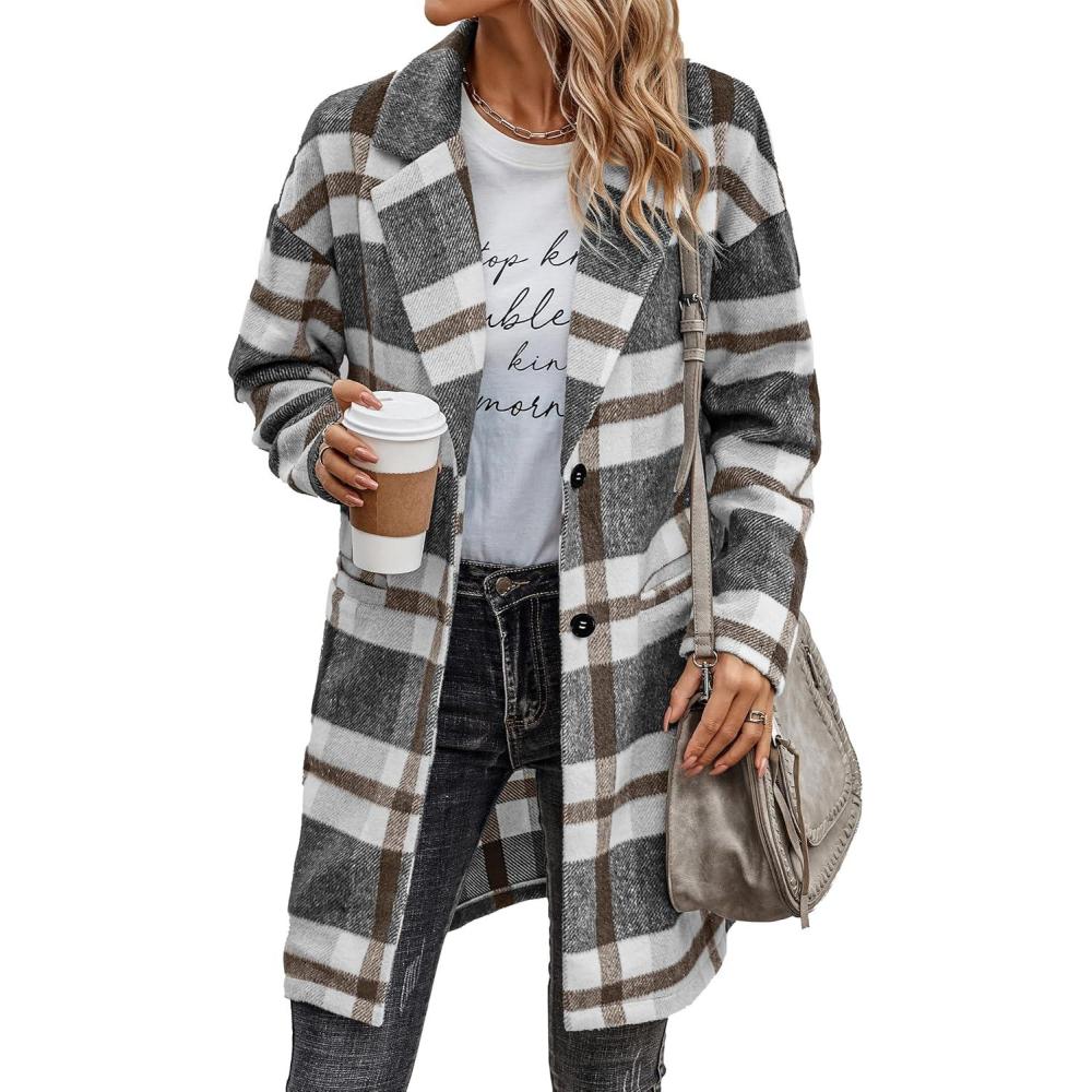 imagePRETTYGARDEN Women Plaid Shacket Jacket Trendy Fall Casual Button Wool Blend Tartan Trench Coat Winter Clothing with PocketsGrey White